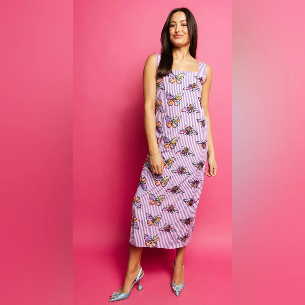New! QUEEN OF SPARKLES Striped Sequin Butterfly & Bee Midi Dress